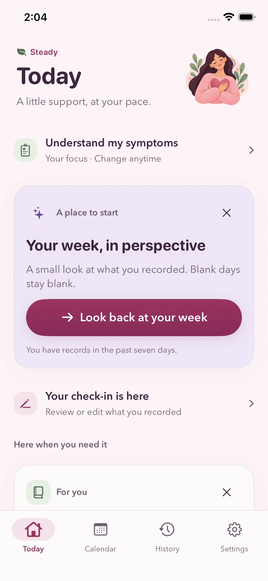 Hoy en Steady: tu prioridad, tu reflexión semanal y tu registro diario. Vista de la app en inglés.