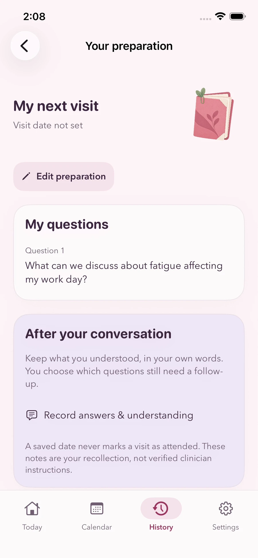 Preparación de consultas en Steady: tus preguntas y tus notas después de una conversación. Vista de la app en inglés.